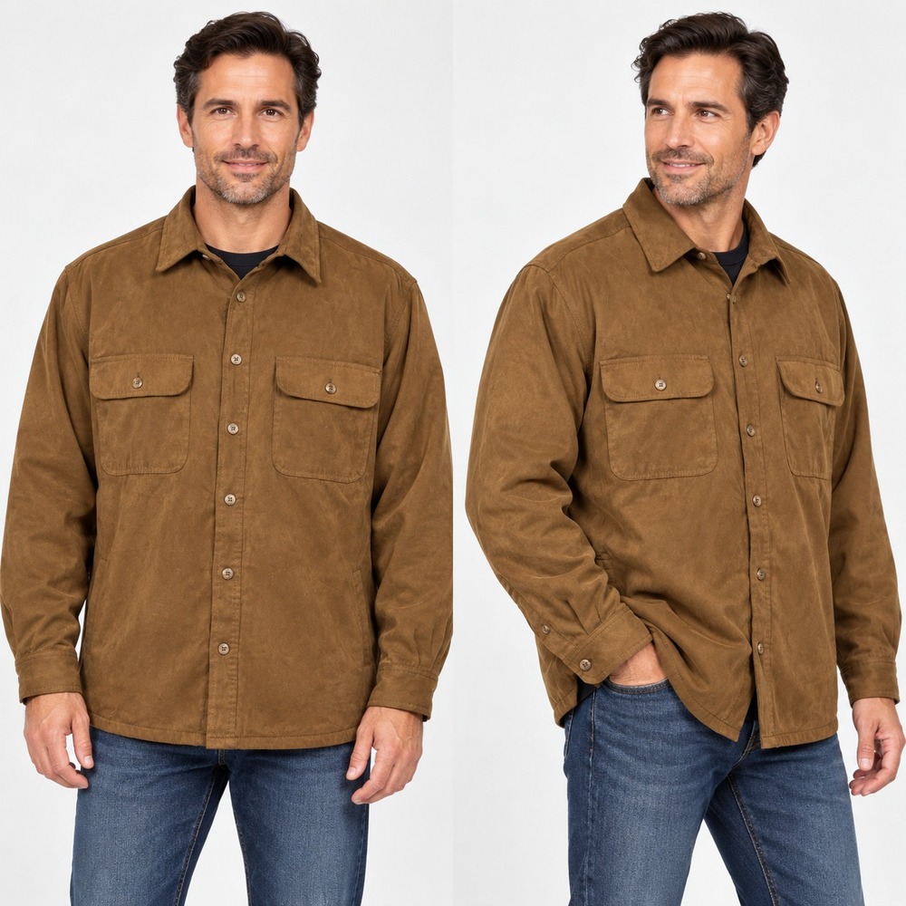 Weatherproof Men's XXL Brown Suede Canvas Fleece Lined Button Front Shirt Jacket